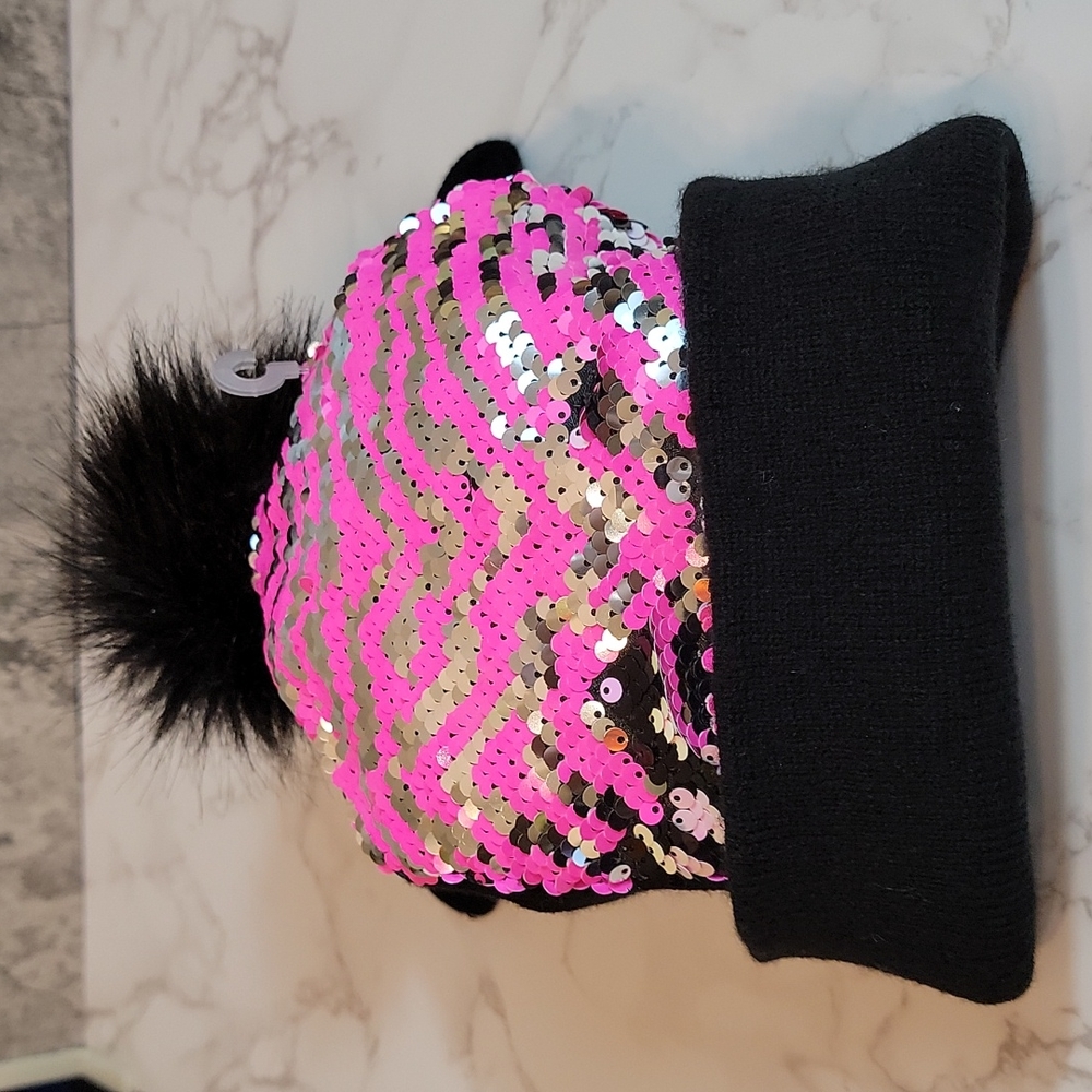 OMG pink & silver Reversible chevron pattern Sequin Hat & gloves